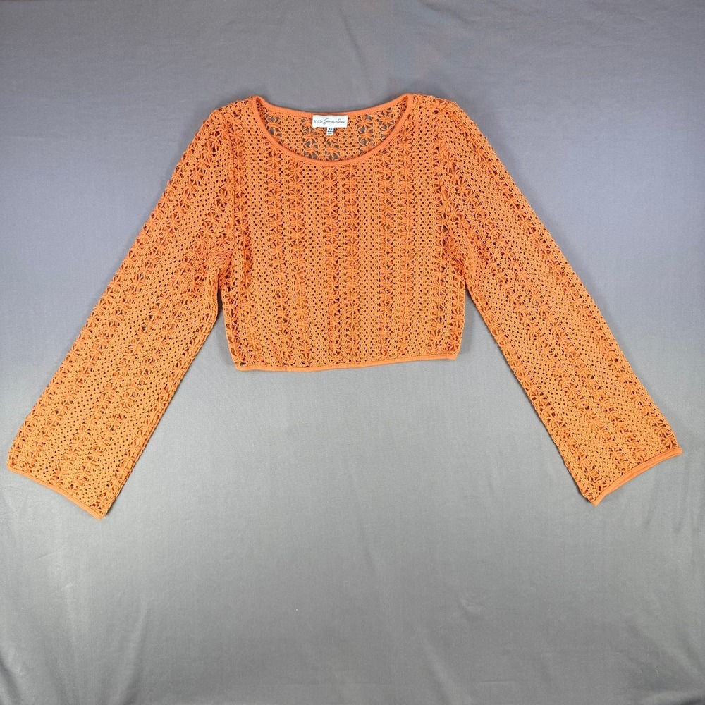 VICI Summer of Diane Womens XS Orange Crochet Knit Crop Top Long Sleeve Festival